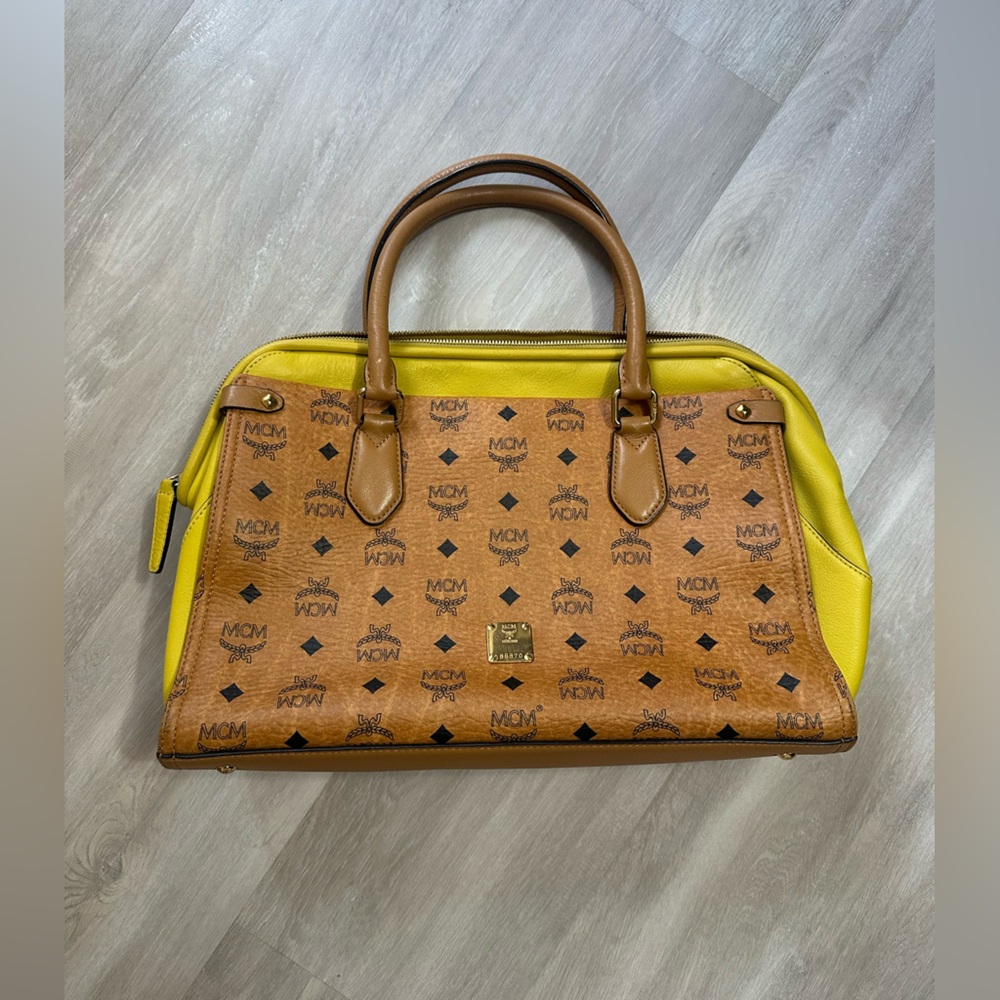 MCM Cognac Visetos Monogram Satchel with Yellow Trim